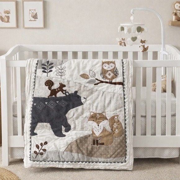 Lambs & Ivy Woodland Animals Baby Quilt - Gray and Brown - Picture 1 of 3